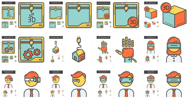Virtual reality and 3D technology line icon set.