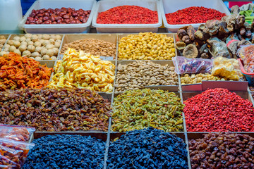 Raisins for sale at night market, Dunhuang