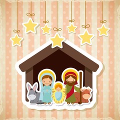 holy family manger scene with animals and decorative stars hanging. merry christmas colorful design. vector illustration