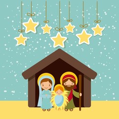 holy family manger scene and decorative stars hanging. merry christmas colorful design. vector illustration