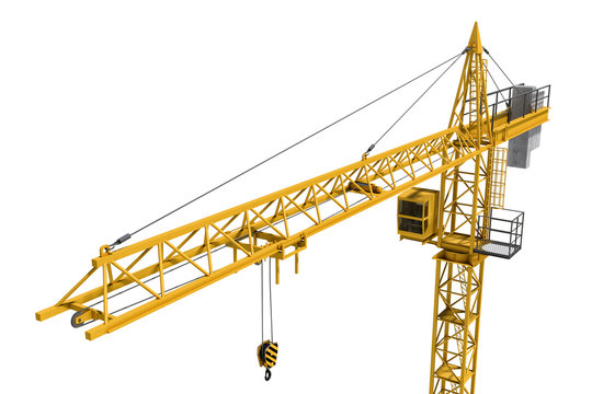 Rendering of yellow construction crane isolated on white background.