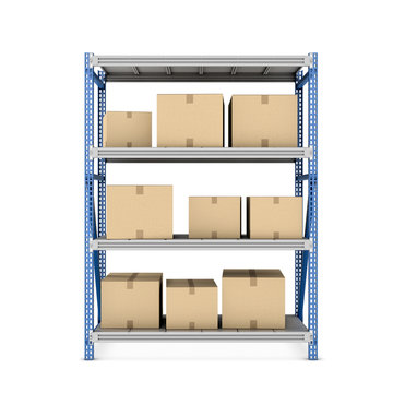 Rendering of metal rack with beige cardboard boxes different size isolated on white background.