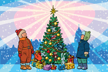 Children stand near the Christmas tree, holiday background