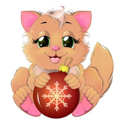 Cute cat holding Christmas ball. Beautiful fluffy kitten