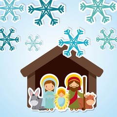 holy family manger scene over winter background with snowflakes icon. merry christmas colorful design. vector illustration