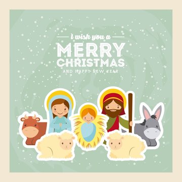 card of holy family manger scene with animals. merry christmas and happy new year colorful design. vector illustration