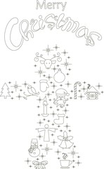 Typography banner with stylized black gingerbread and hand drawing lettering Merry Christmas on white, stock vector illustration