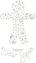 Typography banner with stylized black gingerbread and hand drawing lettering Happy New Year on white, stock vector illustration