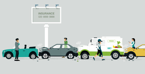 Car crash on the road with banners on insurance as a backdrop.