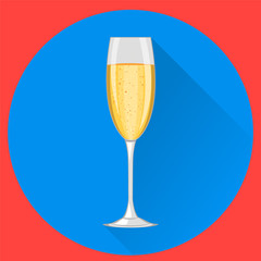 Champagne glass on blue round background. Happy New Year and Merry Christmas celebration. Modern flat design. EPS10