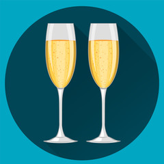 Two champagne glasses on dark blue round background. Concept vector illustration. Happy New Year and Merry Christmas celebration.