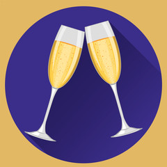 Two champagne glasses on violet  round background. Happy New Year and Merry Christmas celebration.  Modern flat design. EPS10