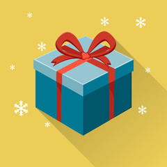 Gift box with ribbon and bow on yellow background with snowflakes. Modern flat vector illustration