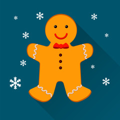 Gingerbread man. Christmas cookies, isolated on blue background with snowflakes. Vector illustration