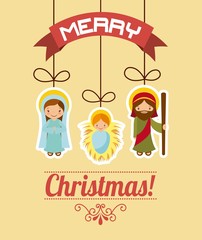 holy family manger scene. merry christmas card colorful design. vector illustration