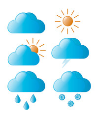 Icons of different weather. Sun, cloud, snow, storm, rain, cloudy sky. Colored stock vector image