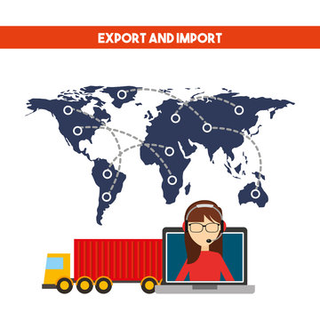 world map with cargo truck vehicle and support woman worker with headset. export and import colorful design. vector illustration