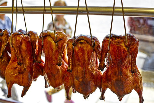 Chinese roast duck on hook in Chinatown