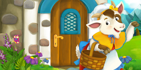 Cartoon scene of mother goat in front of village house - illustration for children © agaes8080