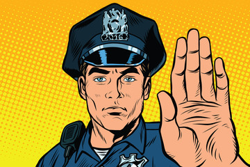 Retro police officer stop gesture