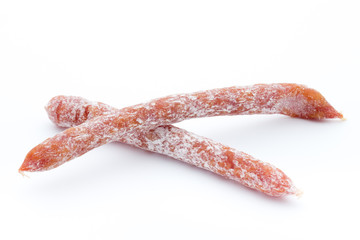 Smoked sausage salami isolated on a white background.