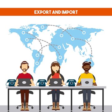 world map with logistic support workers working. export and import colorful design. vector illustration