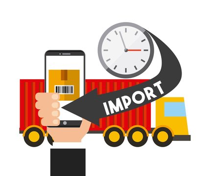cargo truck and smartphone device with logistic import icons. export and import colorful design. vector illustration