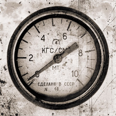 Air pressure gauge, old vintage soviet(Made in USSR), pressure gauge stylised as aged old b&w photos. Industry background.