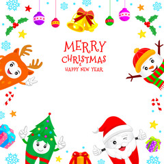 Christmas Teeth Characters Frame, Santa Claus, Snowman, Tree, Reindeer. With Merry Christmas and Happy new year text. Xmas elements design, illustration. Isolated on white background.