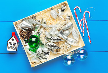 wooden box with Christmas toys  on  Deep Sky Blue color