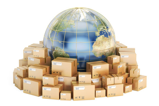 Global shipping and delivery concept, parcels cardboard boxes wi