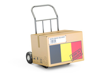 Made in Belgium concept. Cardboard Box on Hand Truck, 3D renderi
