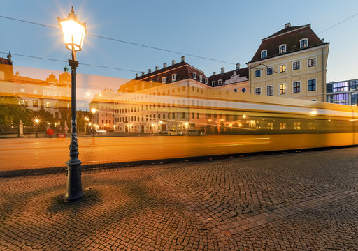 Lantern in Dresden with the tram trails. Germany, Europe.