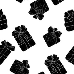 Hand drawn seamless pattern with outline gifts with bows in cartoon style. Doodle thin line gift box texture with different bows. Gift wrap, package. Doodle gift box wallpaper on white background