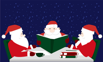 Vector Illustration of Santa Claus. Three of Santa Claus in Lapland accept letters. Merry christmas. Santa drinking tea and reading a book. vector winter background.
