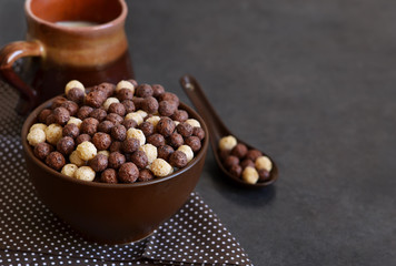 Healthy breakfast. Chocolate breakfast cereal with milk 