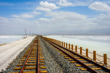Old railway at Chaqia (Chakayan) salt lake, Qinghai, China