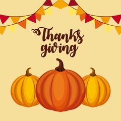 happy thanksgiving card with pumpkin icons over yellow background. colorful design. vector illustration