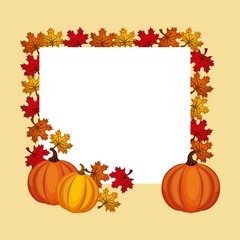 Naklejka na ściany i meble happy thanksgiving with dry leaves and pumpkin icon frame. colorful design. vector illustration
