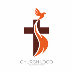 Naklejka premium Church logo. Christian symbols. The Cross of Jesus, the fire of the Holy Spirit and the dove.