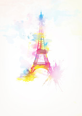 Eiffel Tower watercolor background pink version illustration