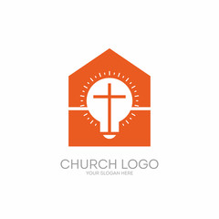 Church logo. Christian symbols. House, lamp and cross of Jesus Christ, shine rays.