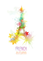 Fototapeta na wymiar Eiffel Tower watercolor background frensh autumn illustration 1