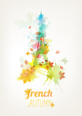 Fototapeta na wymiar Eiffel Tower watercolor background frensh autumn illustration 2