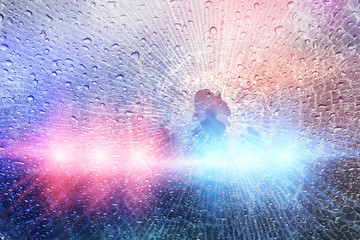 Police crime scene, rain background with police lights and broken glass - 127244534