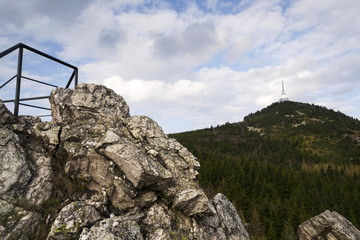 Fototapeta premium Telecommunication transmitters tower on Jested, Liberec, Czech Republic