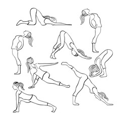 Hand drawn illustration.The basic Yoga and Pilates standing position Yoga set. Yoga exercises. Women yoga. Yoga class, yoga center, yoga studio. Yoga poster. Sketch Girl does yoga exercises.