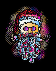 Decorative Santa Claus on a black background. Pop art style. Grunge background. Vector hand-drawing for New Year 2017 and Christmas. EPS file is layered.