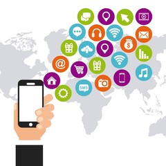 smartphone device with social media icons over world map background. vector illustration