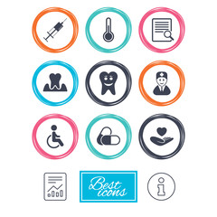 Medicine, medical health and diagnosis icons. Capsules, syringe and doctor signs. Tooth parodontosis, disabled person symbols. Report document, information icons. Vector